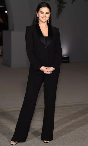 Selena Gomez in a elegant black pantsuit
