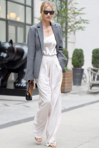 a model in a white Satin Blouse with Wide-Leg Pants