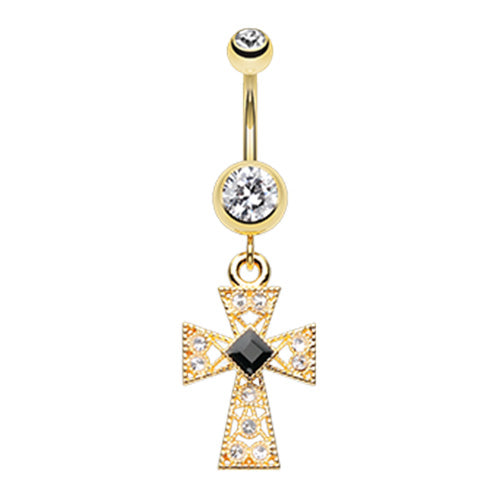 Silver & Gold Gemmed Iron Cross Belly Button Ring