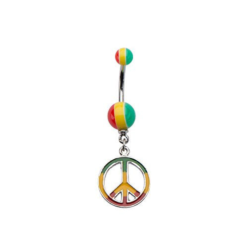 Rasta Colored Peace Sign WildKlass Dangle Charm Belly Ring (14g 7/16s")