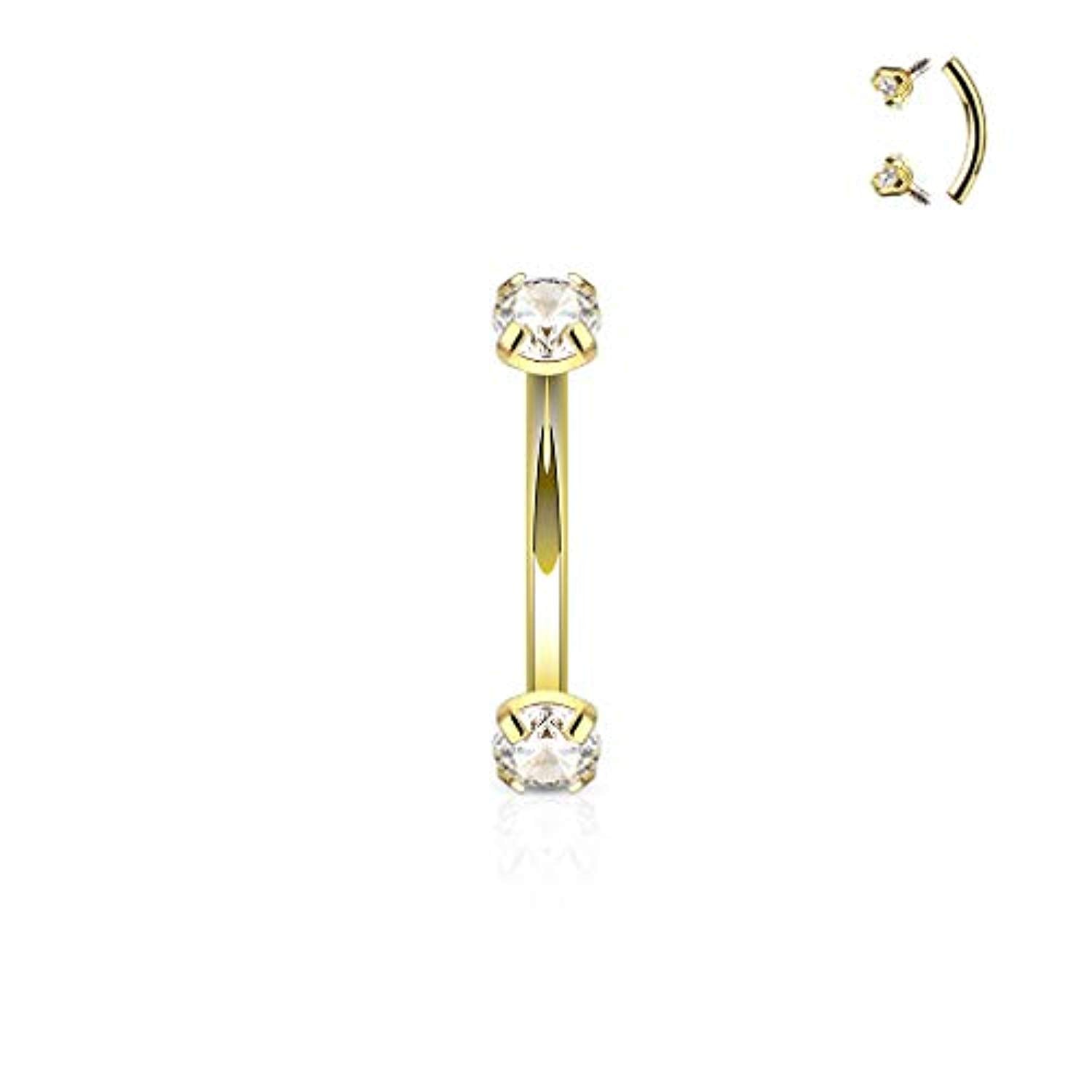 Plated Prong Set Clear CZ Internally Threaded 316L Surgical Steel WildKlass Eyebrow Curve Ring