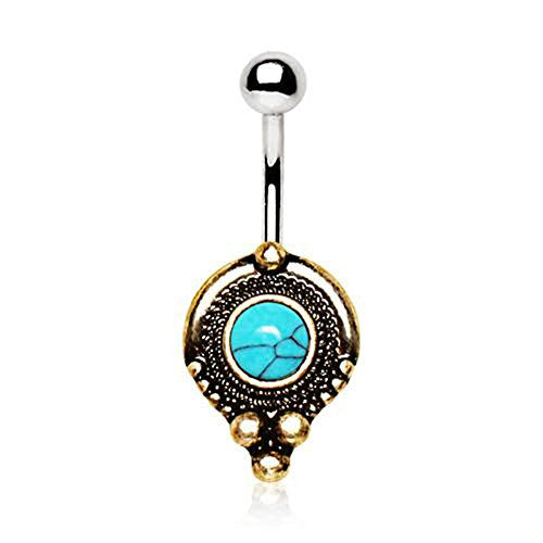 Gold Plated Medieval Style WildKlass Navel Ring with Turquoise Stone