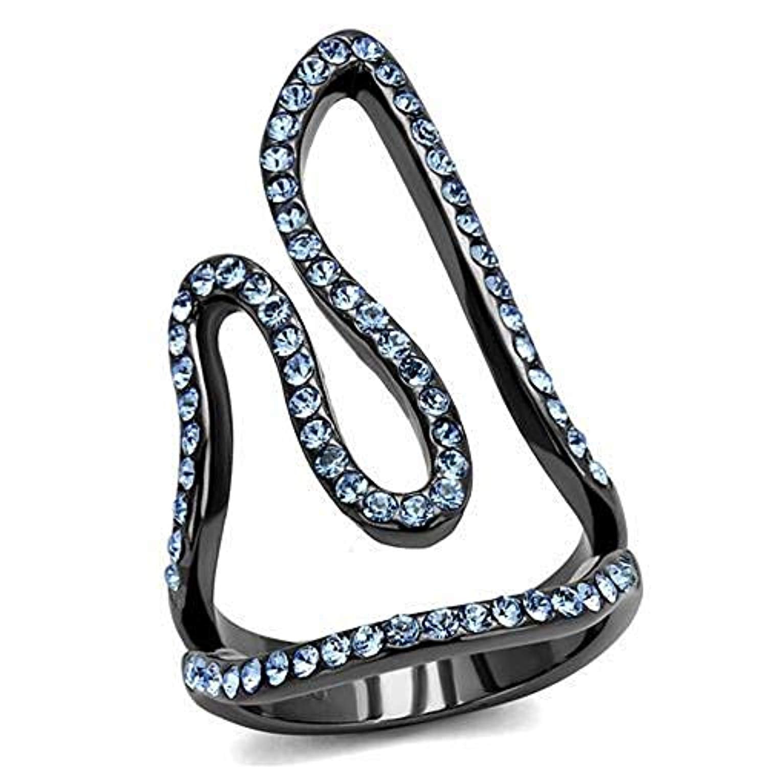 WildKlass Stainless Steel Ring IP Light Black (IP Gun) Women Top Grade Crystal Aquamarine