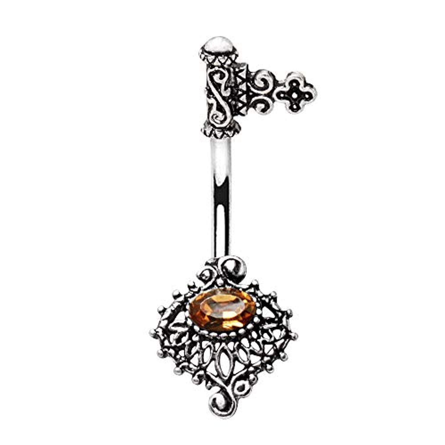 WILDKLASS 316L Stainless Steel Ornate Topaz Antique Skeleton Key Navel Ring