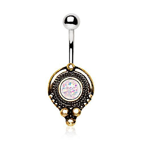 Gold Plated Medieval Style WildKlass Navel Ring with White Synthetic Opal