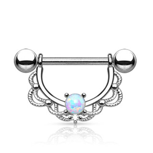 Opal Centered Filigree Drop 316L Surgical Steel Nipple WildKlass Rings - 14 GA / Silver