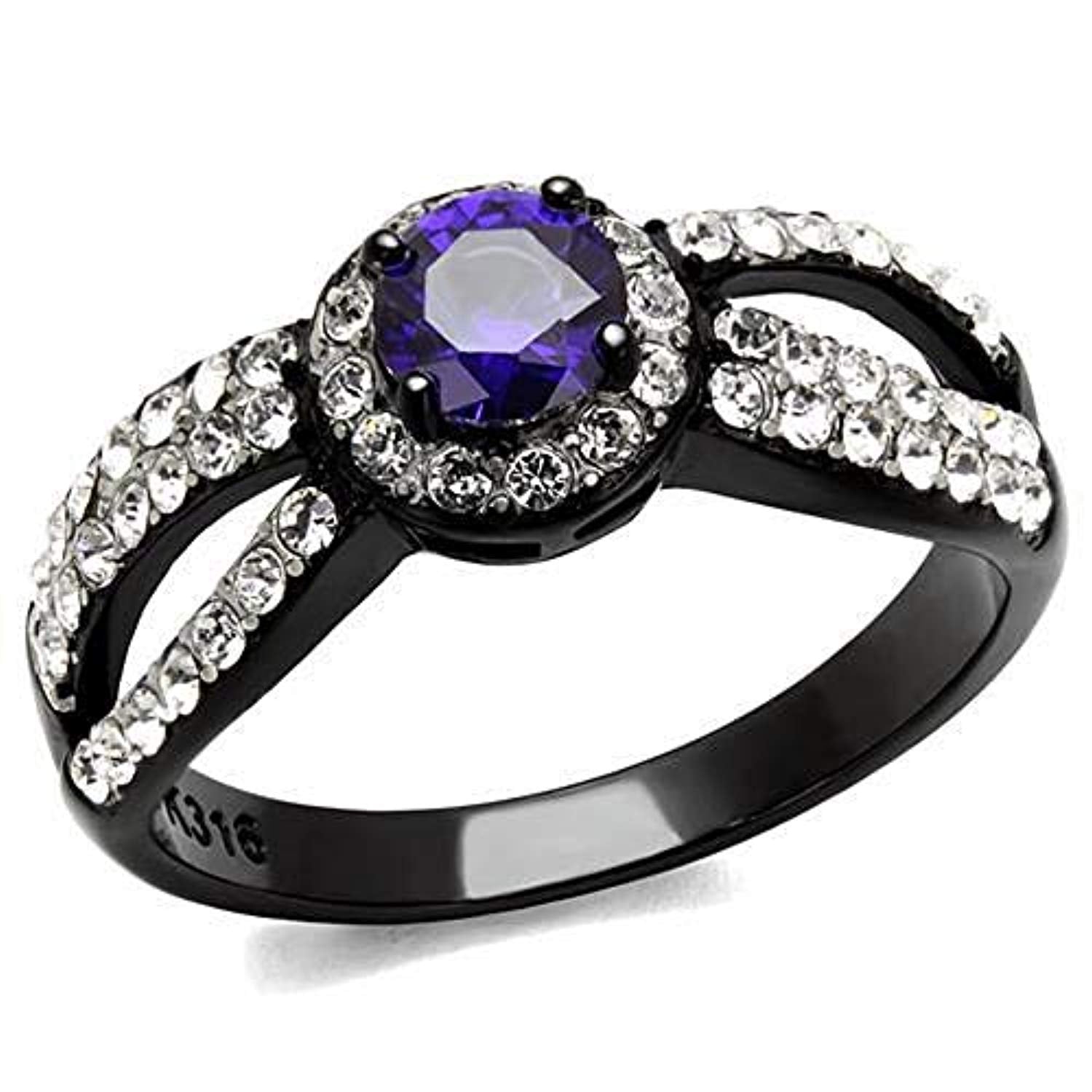 WildKlass Stainless Steel Ring Two-Tone IP Black Women AAA Grade CZ Tanzanite