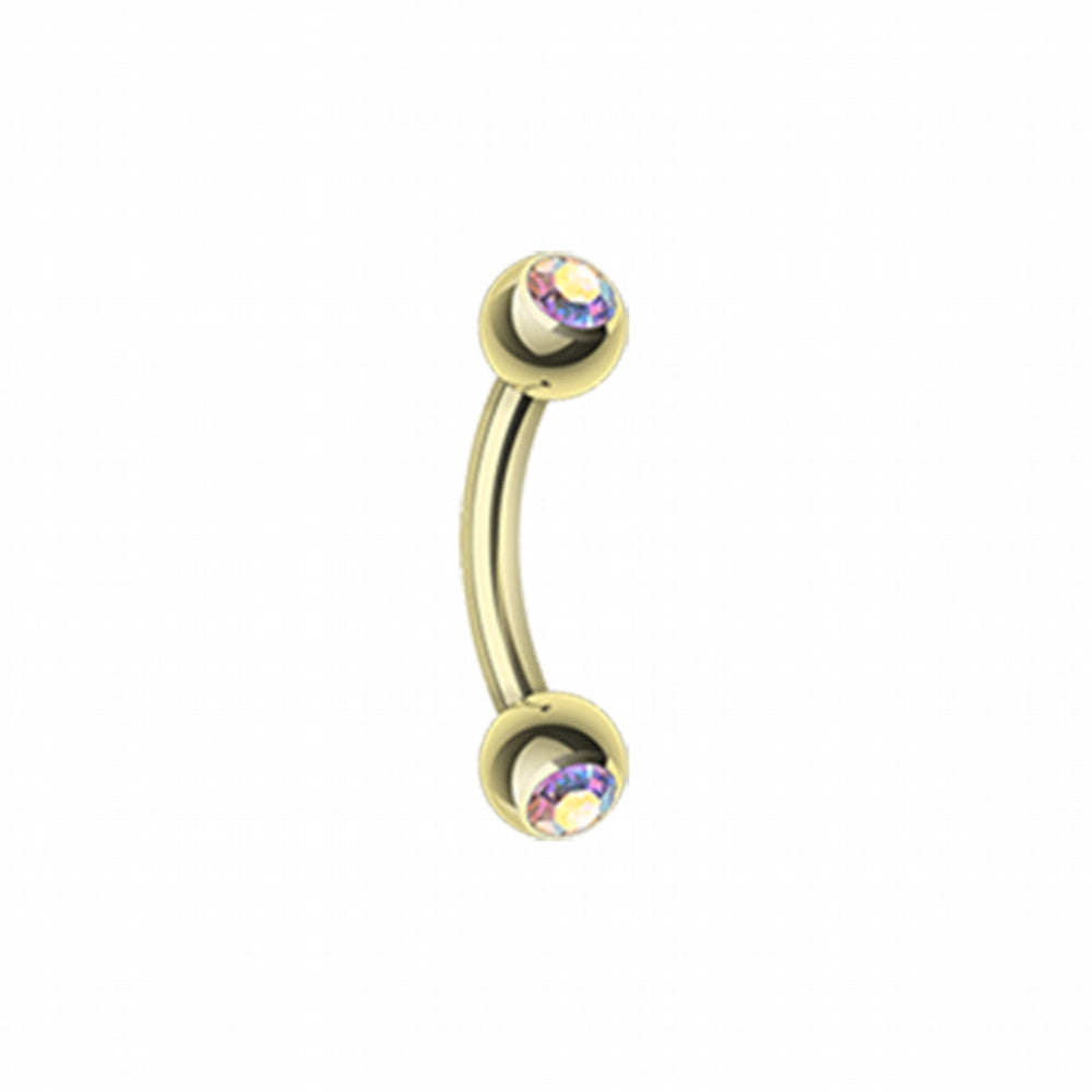 Gold Plated Double Gem Ball Curved Barbell Eyebrow Ring - Thickness: 16 GA, Length: 8mm, Ball Size: 