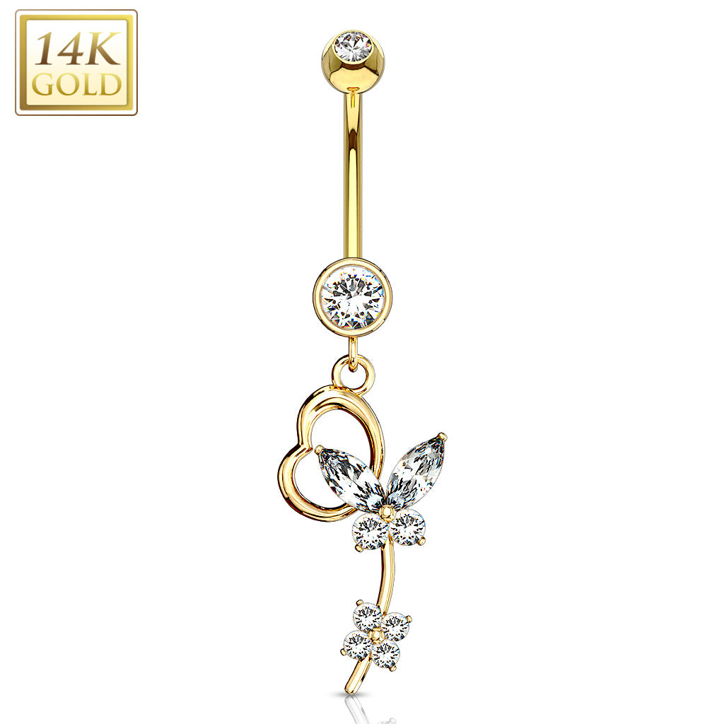 Marquise CZ Butterfly Heart Loop Dangle 14 Karat Solid Gold WildKlass Navel Ring