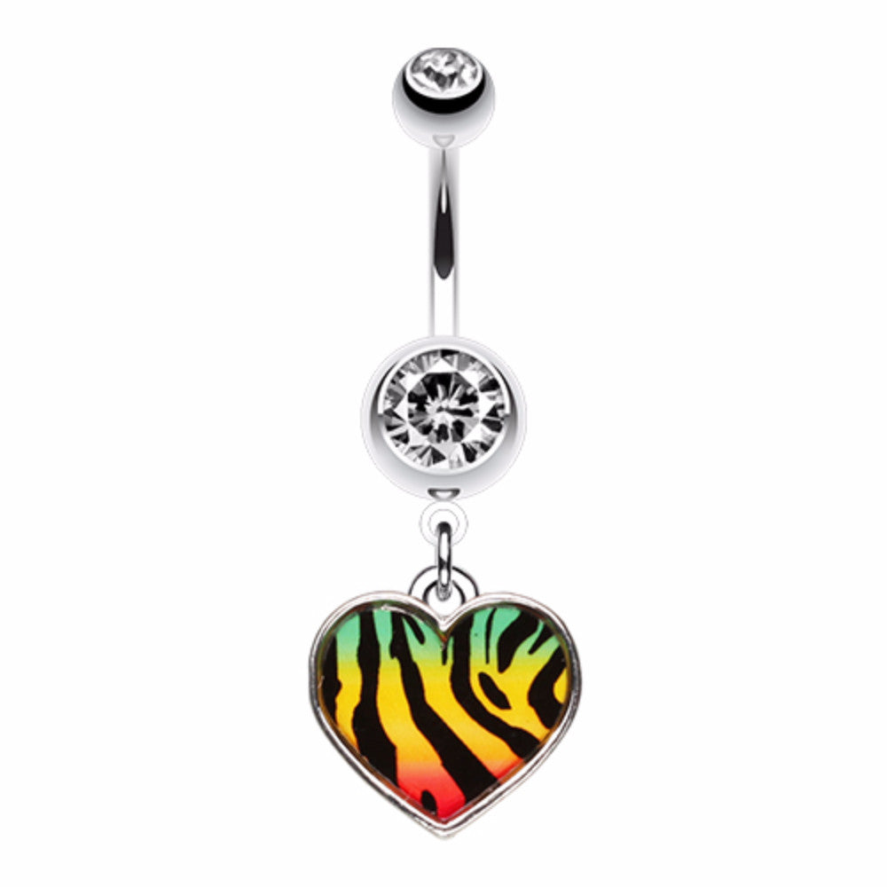 Rasta Stripe Tiger Pattern Heart Belly Button Ring