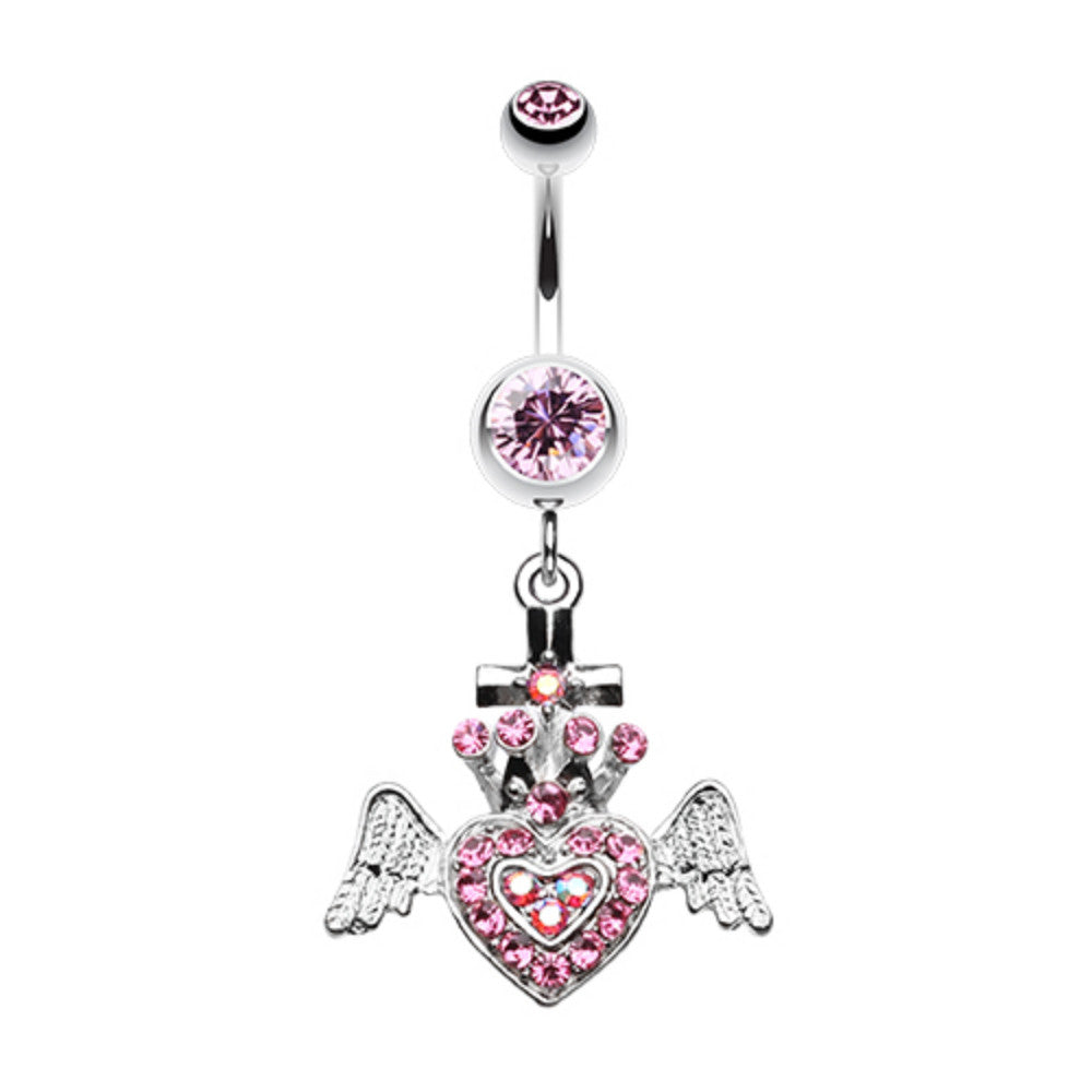 Ultra Bright Crowned Angel Heart and Cross Belly Button Ring ...