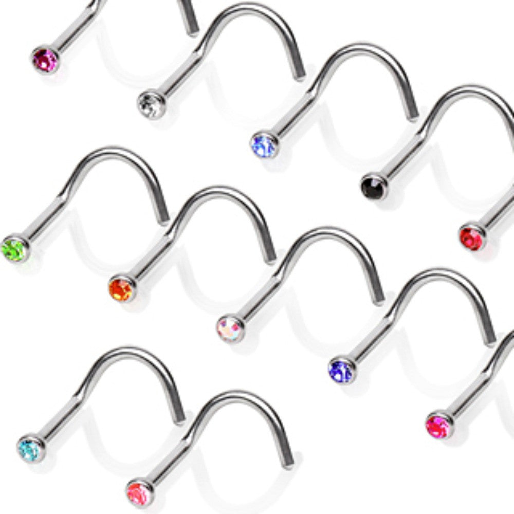 18&20GA 316L Screw Nose Ring with One Press Fitted Gem