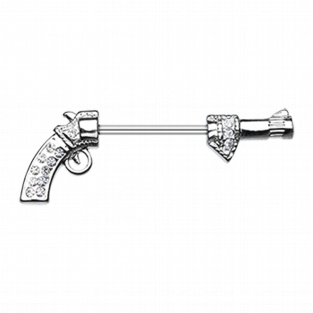 Bling Revolver Gun Nipple Barbell Ring - Thickness: 14 GA, Length: 10mm / Clear