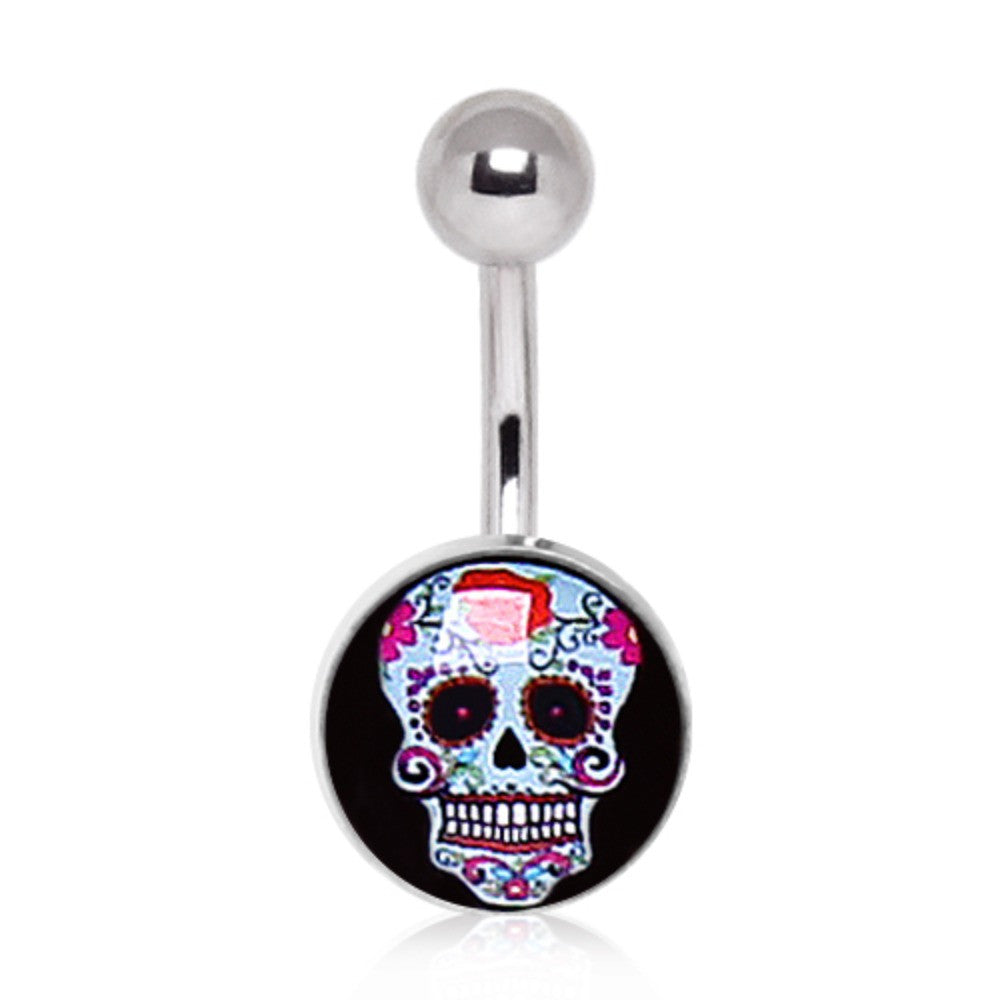 316L Surgical Steel Pale Blue Sugar Skull Navel Ring