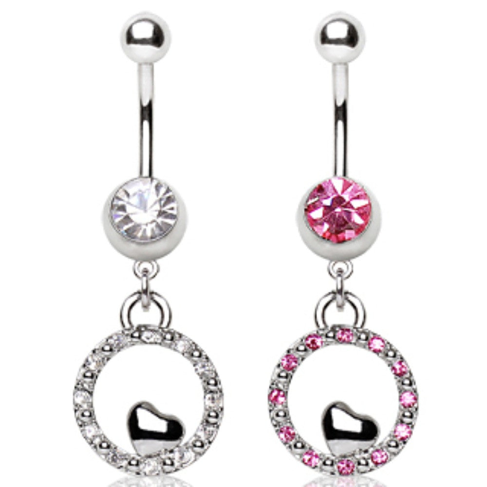 316L Surgical Steel Navel Ring with Bubble and Small Heart Shaped Dangle