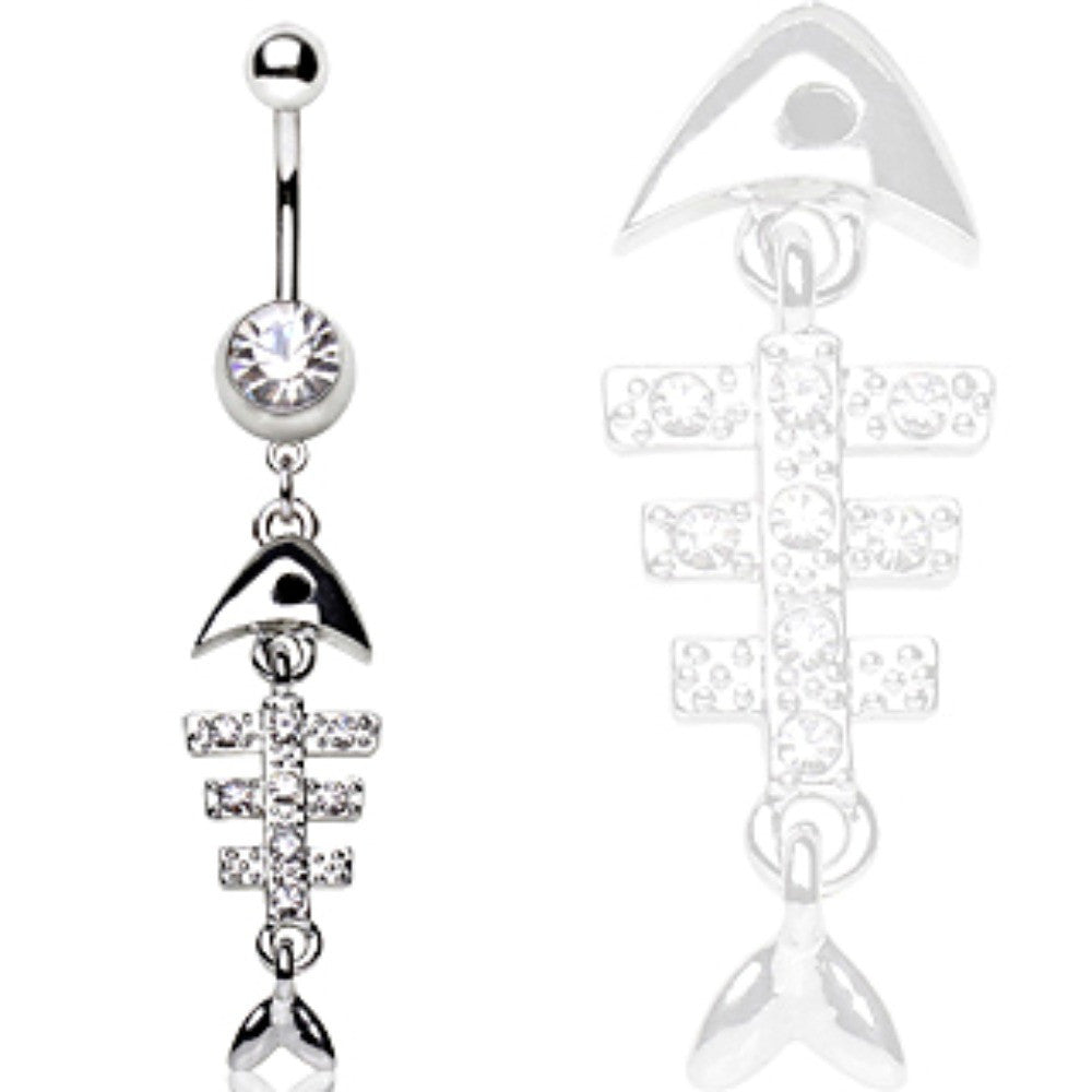 316L Surgical Steel Navel Ring with Gemmed Fish Bone Dangle