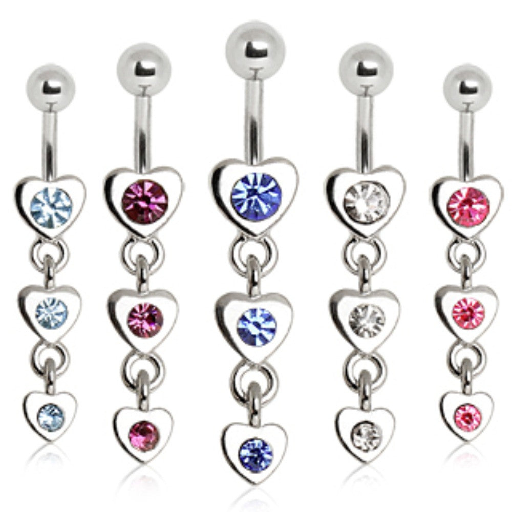 316L Surgical Steel Navel Ring with Three Tier Drop Hearts