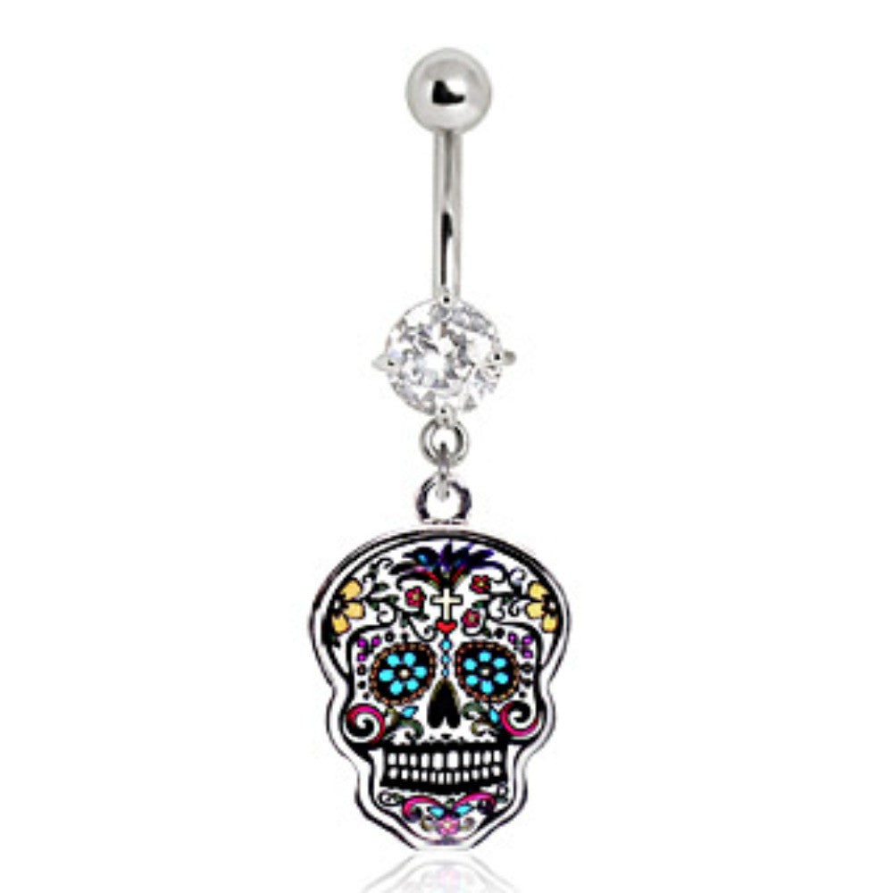 316L Surgical Steel Floral Sugar Skull Navel Ring