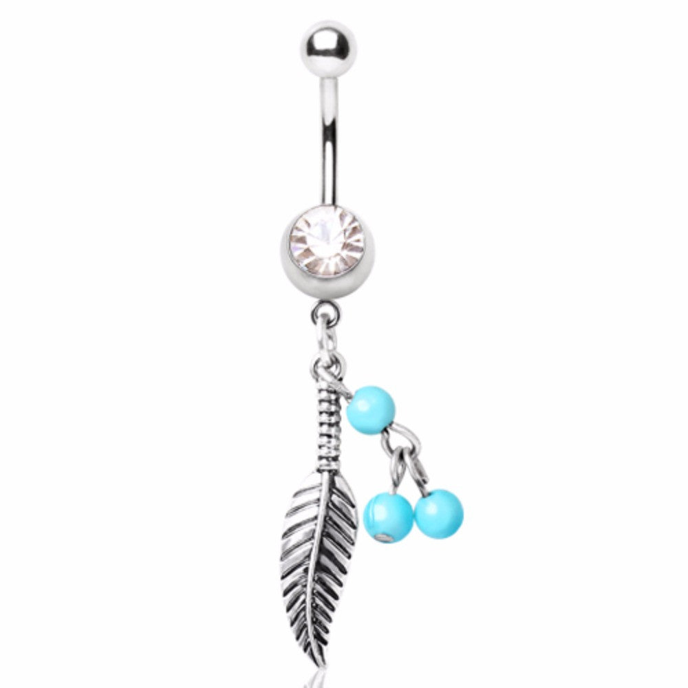 316L Surgical Steel Navel Ring with Feather and Bead Dangle