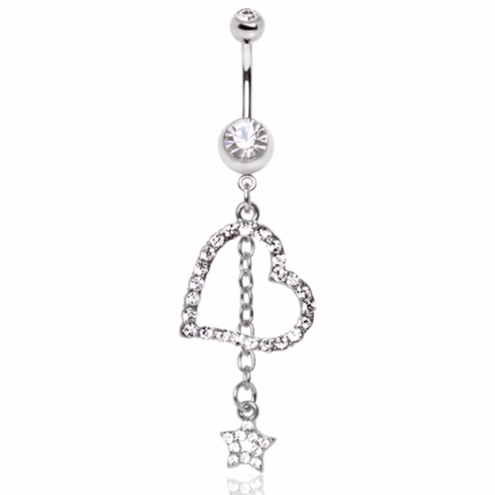 316L Surgical Steel Gemmed Heart with Star Chain Dangle Navel Ring