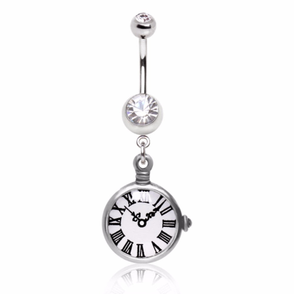 316L Surgical Steel Navel Ring with Pocket Watch Replica Dangle