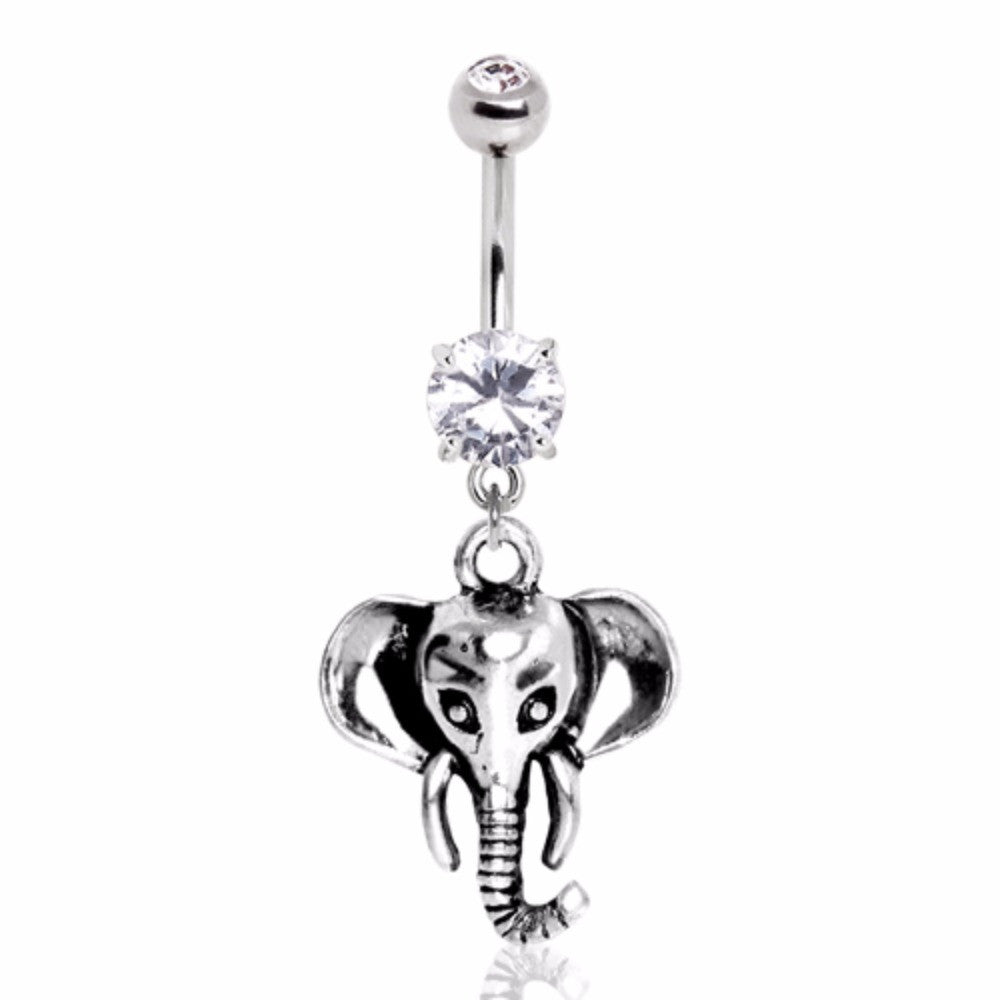 316L Surgical Steel Gemmed Navel Ring with Elephant Dangle