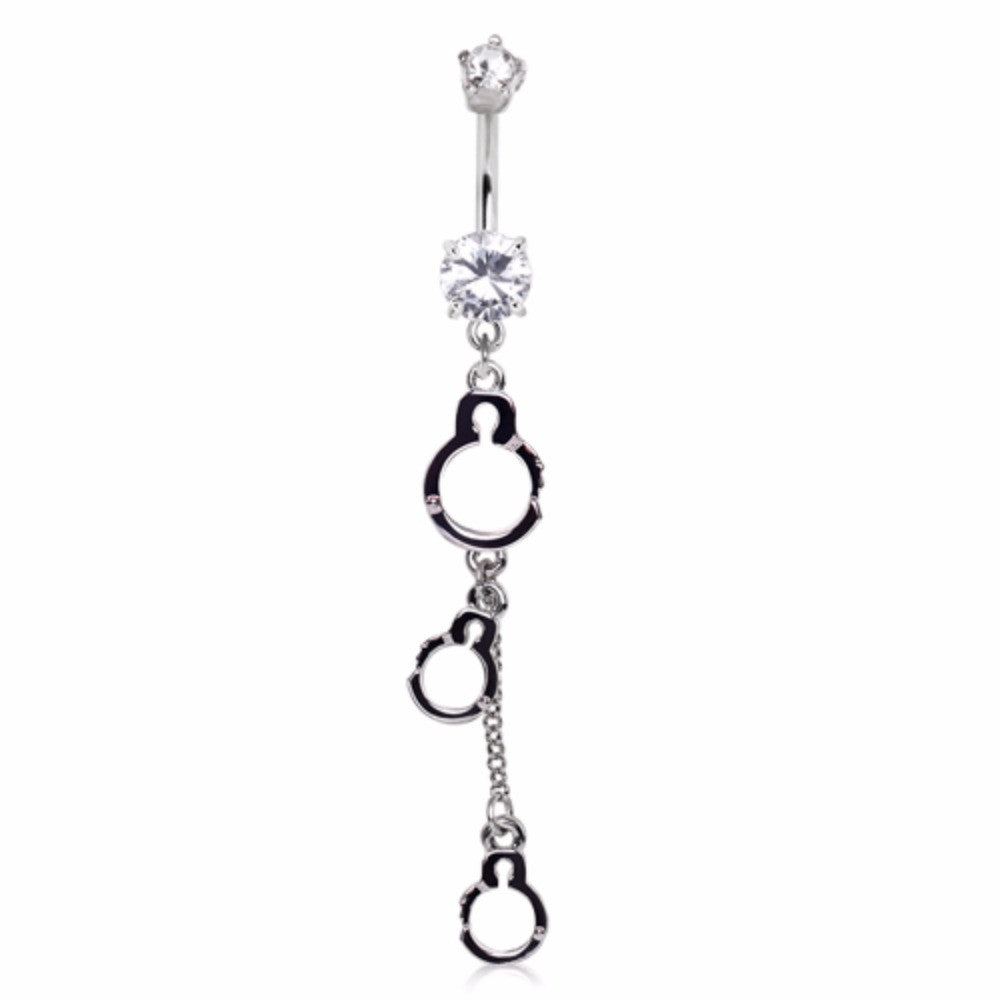 316L Surgical Steel Gemmed Navel Ring with Handcuff Dangle