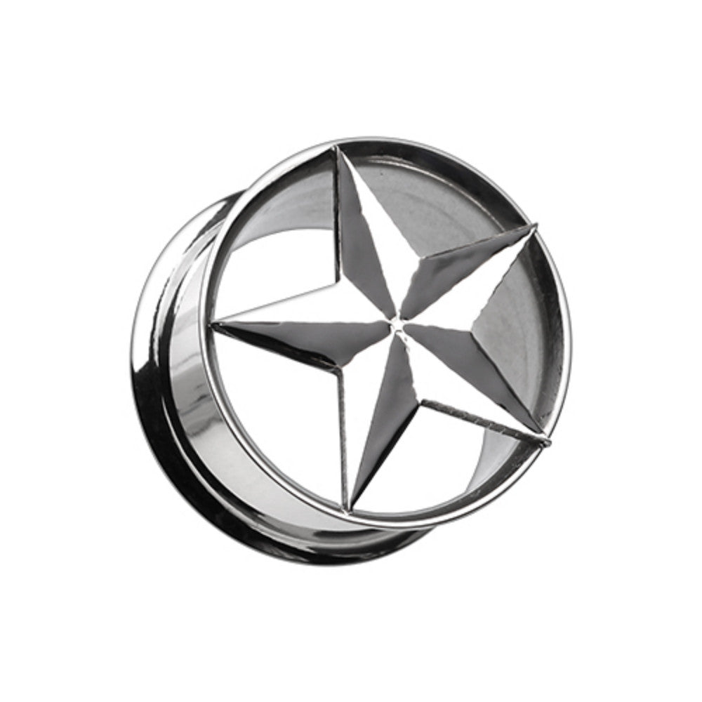 Nautical Star Hollow Steel Double Flared Ear Gauge Plug - Thickness: 0 GA / Silver