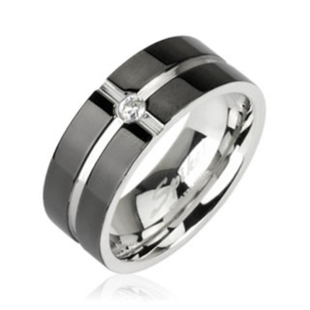 Layered Crossing Black IP with CZ Center 316L Surgical Stainless Steel Ring