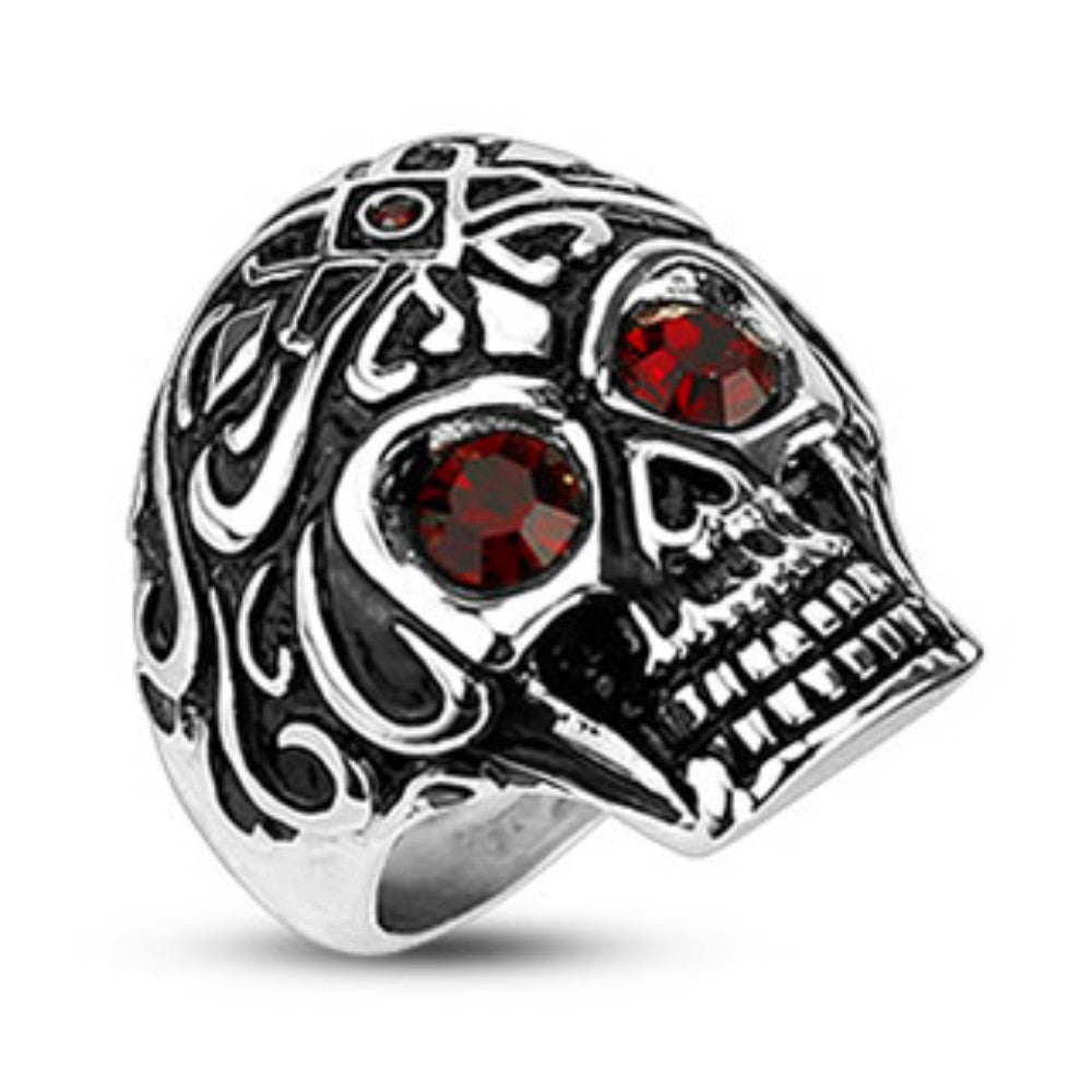 Royal Tribe Red CZ Eyed with Small Gem on Top Skull Wide Cast Ring 316L Stainless Steel