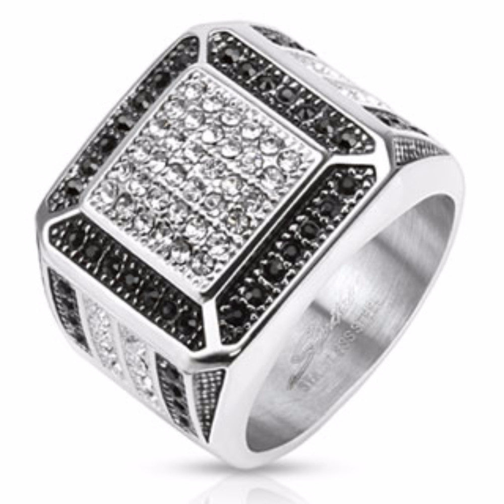 Clear w/ Black CZ Border Micro Paved Cast Ring Stainless Steel