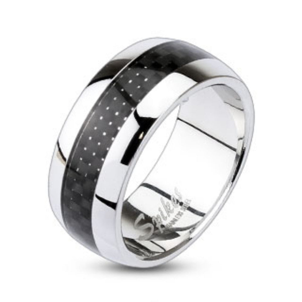 Carbon Fiber Inlay Center Dome Band Ring 316L Stainless Steel