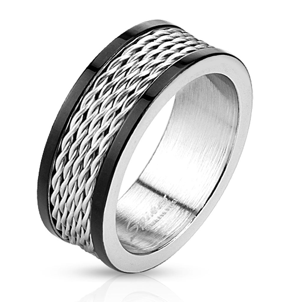 Multi Wire Center Stainless Steel Ring with Black IP Edges