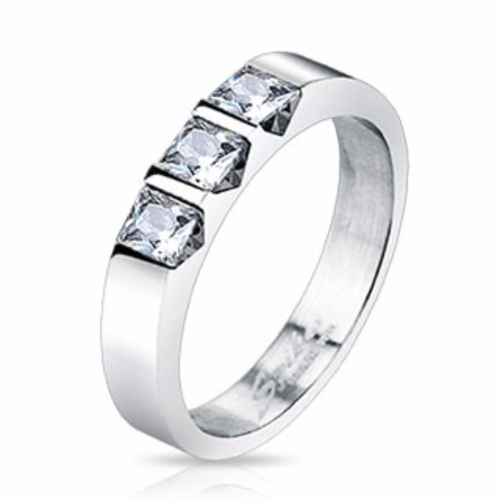 Triple Square Cut CZ Set Band Ring Stainless Steel