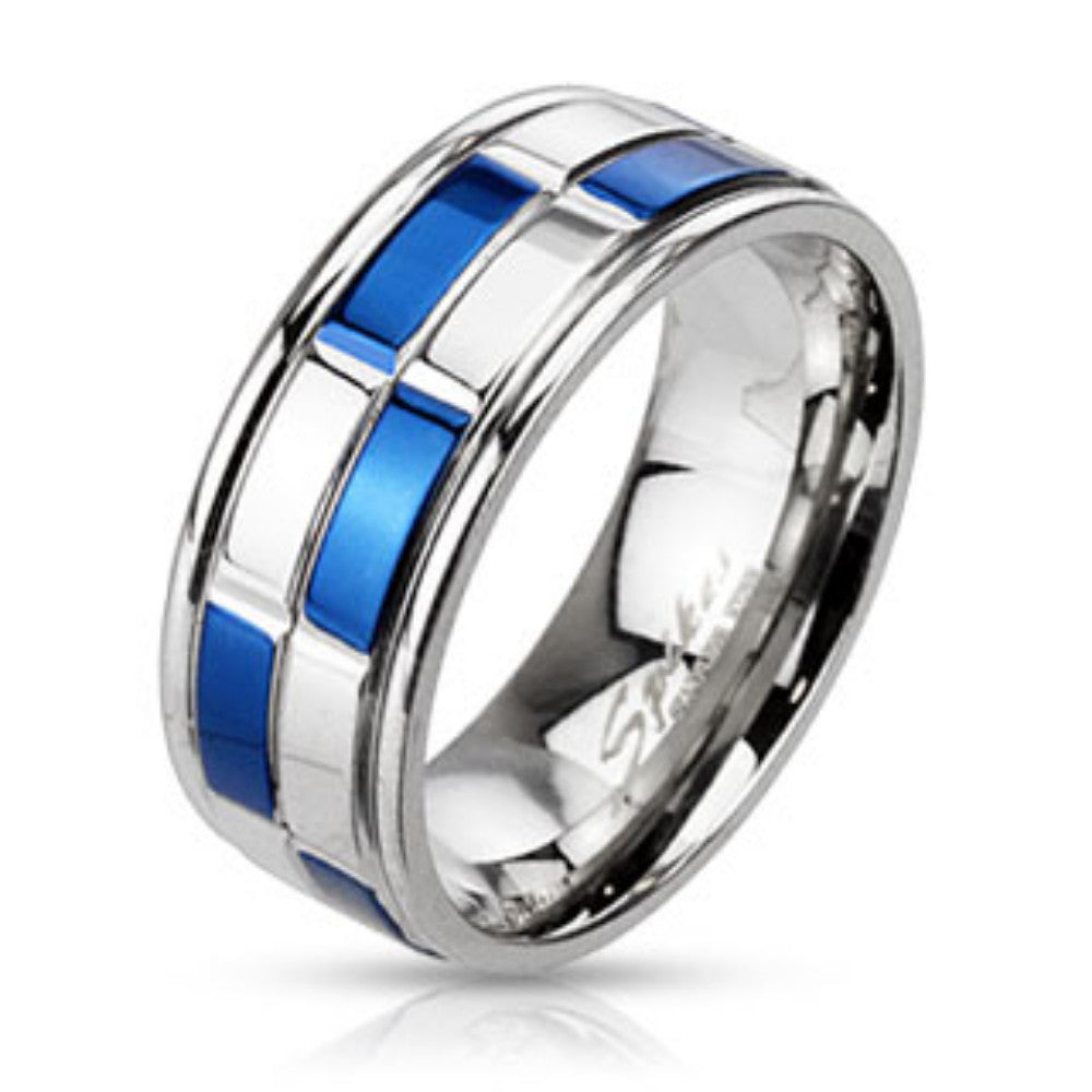 Checker Two Tone Blue IP Band Ring Stainless Steel