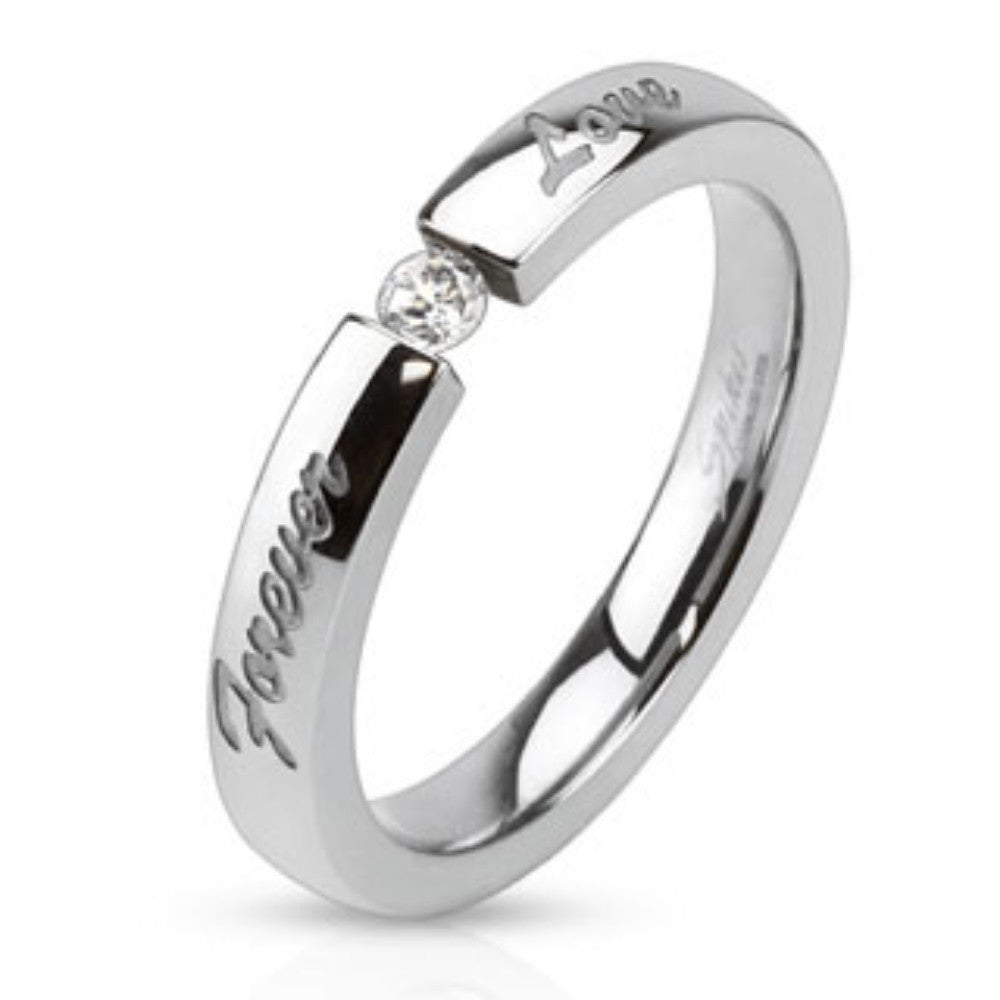 "Forever Love" Engraved Stainless Steel Band Ring with 3mm Tension set CZ