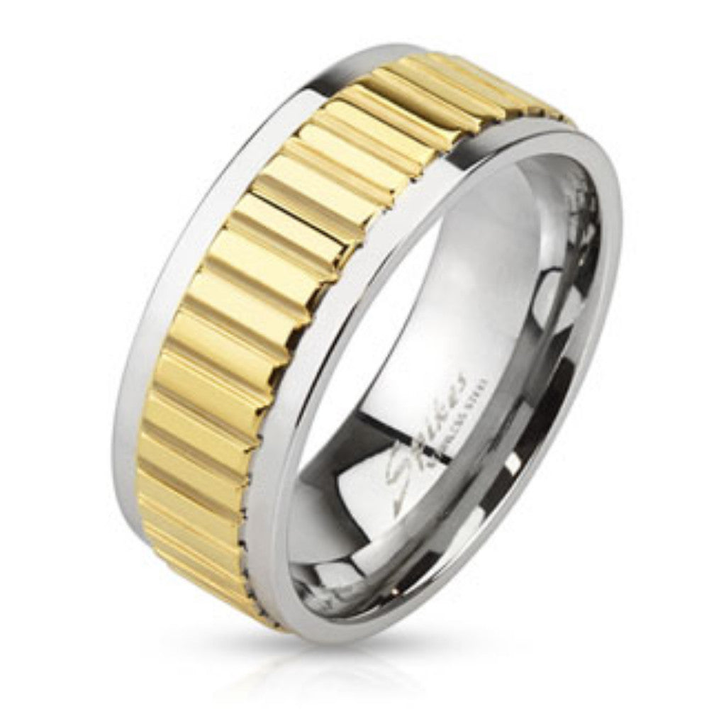 Groove Lined Gold IP Center Stainless Steel Band Ring