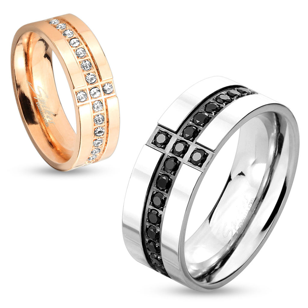 Eternity Gem Cross Stainless Steel Couple Ring