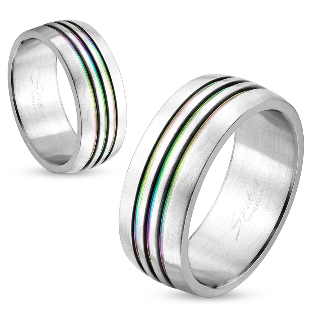 Dome Three Rainbow IP Striped Stainless Steel Couple Ring