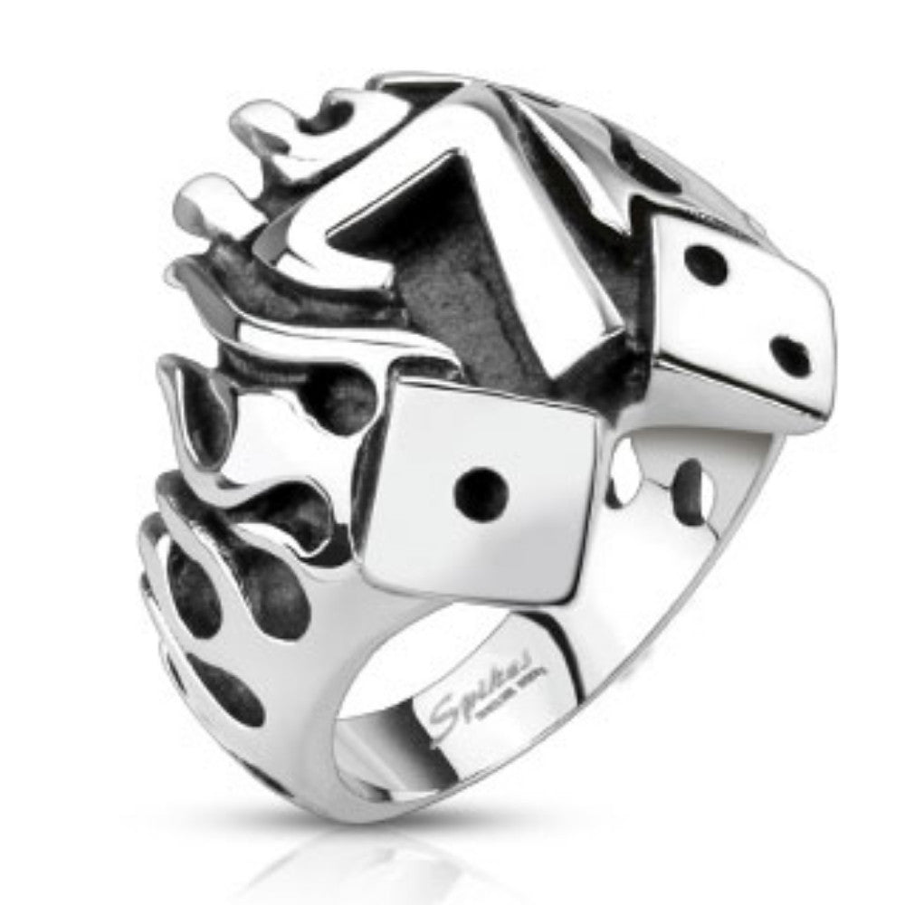 Flaming Lucky Seven With Dice Cast Ring Stainless Steel