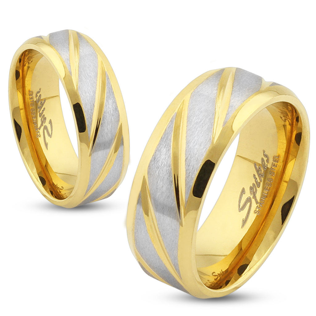 Diagonal Striped Gold IP Stainless Steel Ring