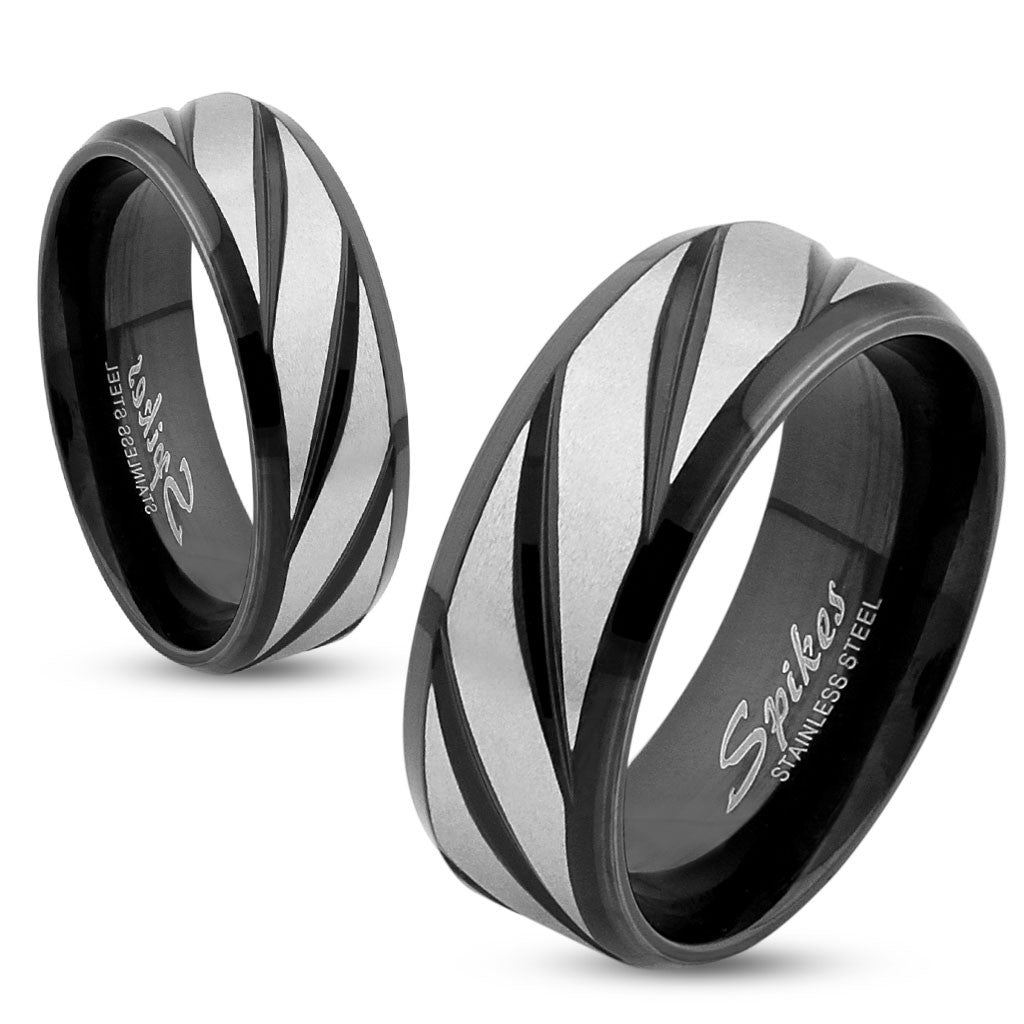 Diagonal Striped Black IP Stainless Steel Ring