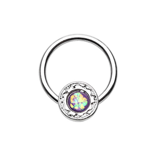 Gold & Silver Ornate Round Opal Steel Captive Bead Ring