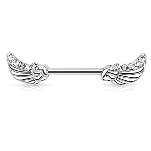 Angels Wings with Lined CZs 316L Surgical Steel Nipple WildKlass Bar - 14 GA, Length: 12mm / Clear