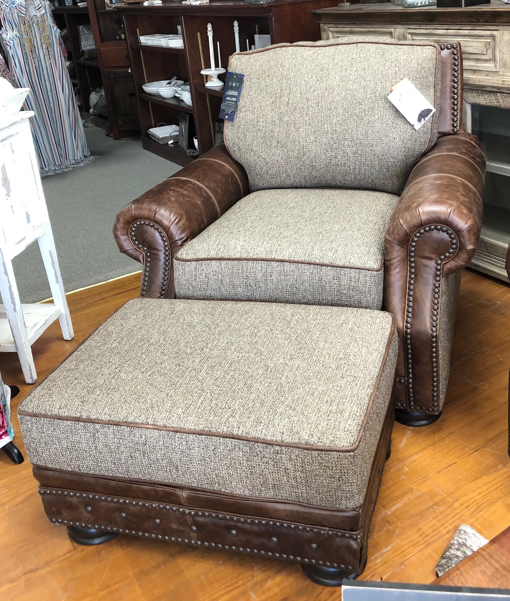 leather chair with fabric ottoman