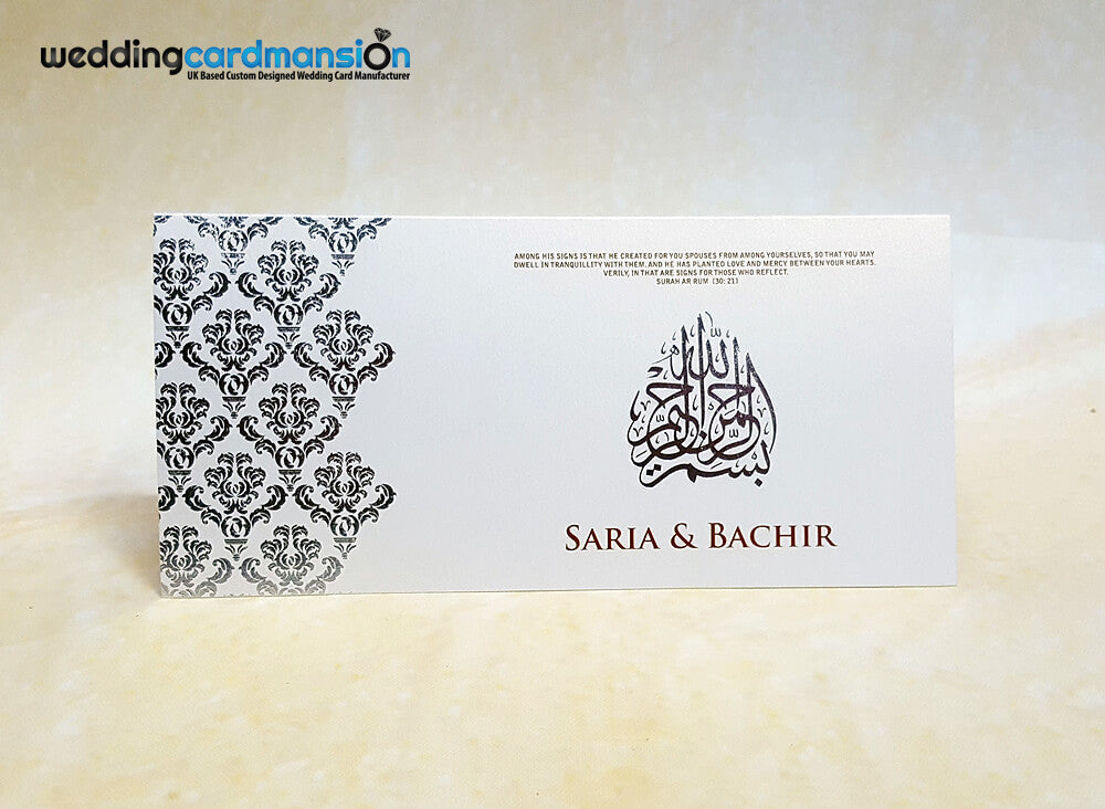 Silver damask foiled wedding invitation with foiled