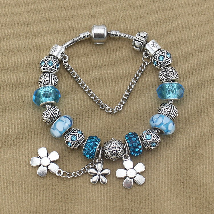 Beaded Blue Flower Charm Bracelet