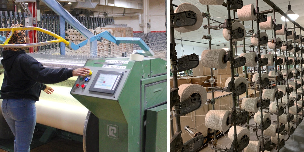 woman standing in front of a warping machine creating a section beam