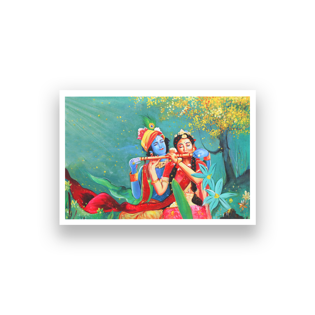 Radha Krishna With Flute in Garden Wall Painting