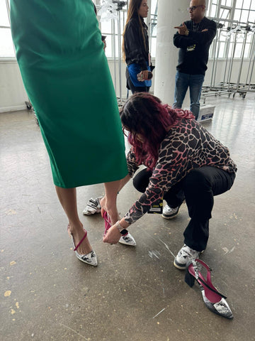 Chantal Pilon fitting a model for the NYFW 2024 Runway